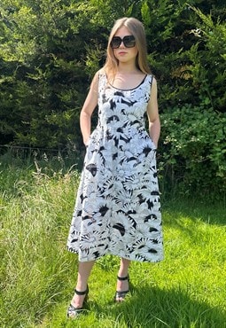 Louis Feraud 70's Vintage White Black Floral Midi Dress