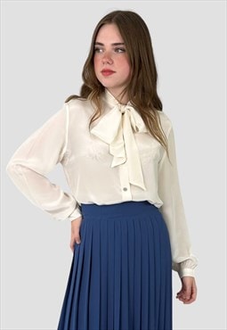 Ciaro Cream Vintage 80's Long Sleeve Pussy Bow Blouse