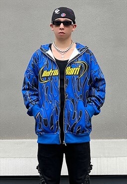 Blue Flame Graphic Cotton oversized Zip Up Hoodie