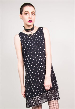 VINTAGE 90'S BLACK FLORAL PRINT TWO LAYER SHIFT GRUNGE DRESS