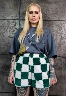Check fleece shorts handmade Chess print overalls in green