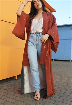 Brown & Cream Print Maxi Length Kimono Duster Jacket