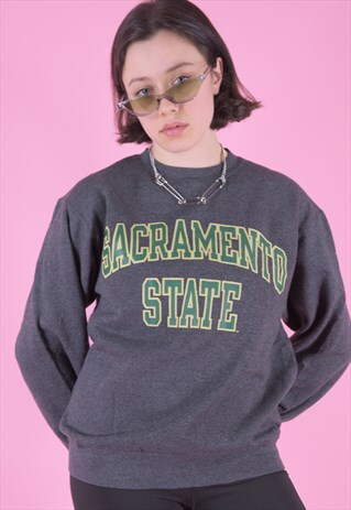 VINTAGE 90S SWEATSHIRT JUMPER IN GREY WITH SACRAMENTO PRINT