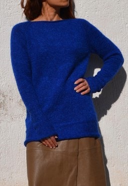 Royal blue hand knitted wool blend long pullover,sweater