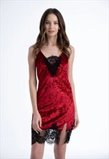 Lace Detailed Slit Velvet Claret Red Short Nightgown
