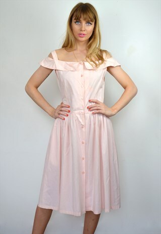 VINTAGE PASTEL PINK MIDI COLD SHOULDER SUMMER WEDDING DRESS