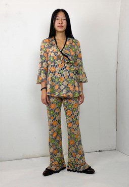 Vintage 70s floral flared pants and blouse set 