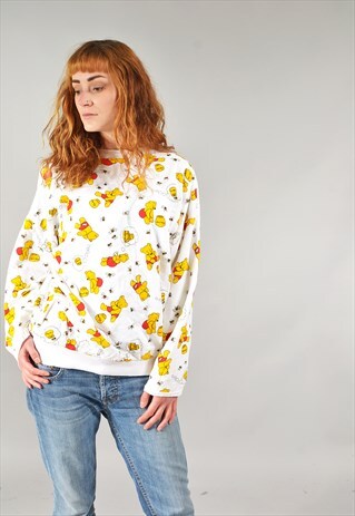 VINTAGE WHITE WINNIE THE POOH PRINTED REVERSIBLE SWEATER