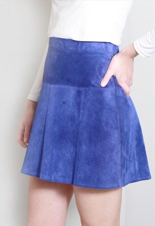 VINTAGE 1980'S SOFT VIBRANT BLUE SUEDE A-LINE MINI SKIRT