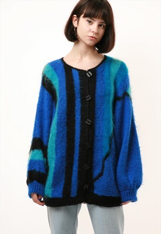 80S VINTAGE MULTI STRIPED MOHAIR WOOL BUTTONS UP JUMPER 926
