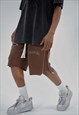 BROWN EMBROIDERED COTTON RELAXED FIT SHORTS