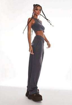 Low Rise Wide Leg Joggers With Graphic In Dark Grey
