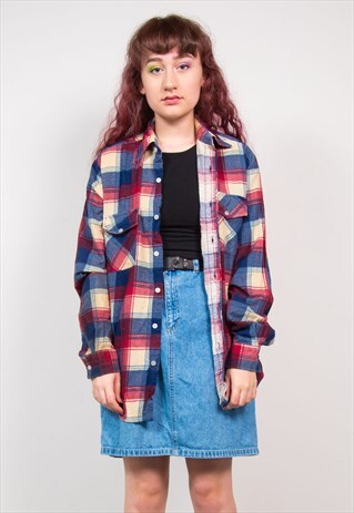 VINTAGE 90'S RED & BLUE CHECK TARTAN FLANNEL SHIRT