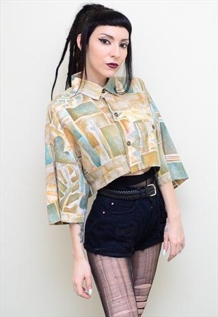 VINTAGE 90'S ABSTRACT PATTERNED REWORKED CROPPED SHIRT