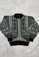 VINTAGE KNITTED JUMPER ABSTRACT PATTERNED GRANDAD SWEATER