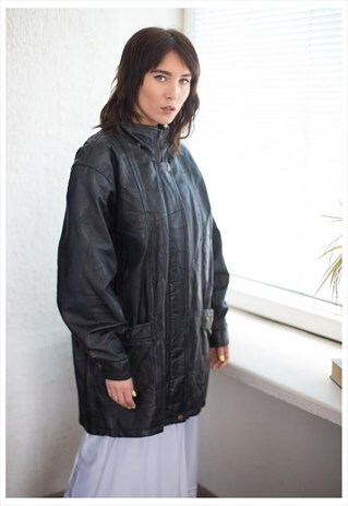 VINTAGE 80'S PATCHES LEATHER HIGH COLLAR COAT