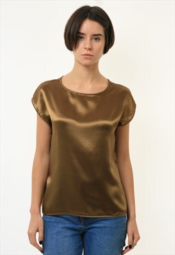 80s Silky Seide Soie Natural Short Sleeve Top in Gold 3420