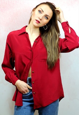 1980S VINTAGE RED LONG SLEEVE FLOATY LINEN BLOUSE