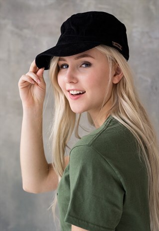 URBAN CORD CAP - ARMY RETRO BLACK CORD HAT W. VEGAN APPLIQUE