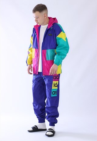 80S VINTAGE MENS ADIDAS BIG LOGO RAIN TRACKSUIT JACKET PANTS