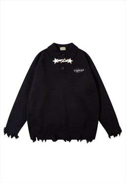 Distressed sweater ripped jumper utility pullover in black