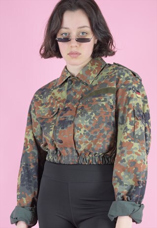 VINTAGE REWORKED CROP SHIRT GREEN ORANGE BROWN DOT PATTERN