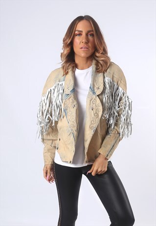 ACID WASH DENIM JACKET TASSEL FRINGE OVERSIZED UK 8 -10 (E1Q