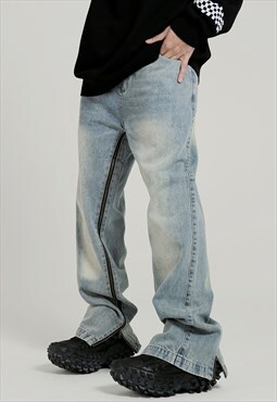 Extreme zip jeans flared out distressed jean pants acid blue