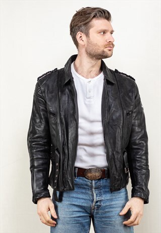 VINTAGE 90'S MEN DISTRESSED LEATHER BIKER JACKET IN BLACK