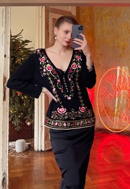 Black Embroidered Sweater with V-Neck