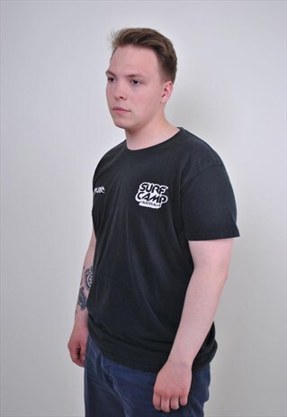 VINTAGE BLACK SURF TEE, PALM PRINT SUMMER SEA T-SHIRT