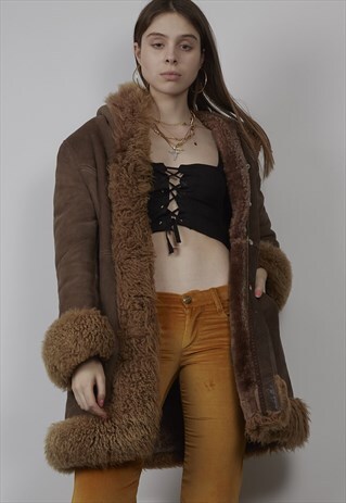 VINTAGE 70'S HOODED BROWN SHEEPSKIN COAT