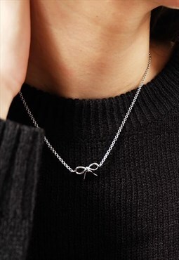 Bow Ribbon Chain Necklace Women Sterling Silver Necklace