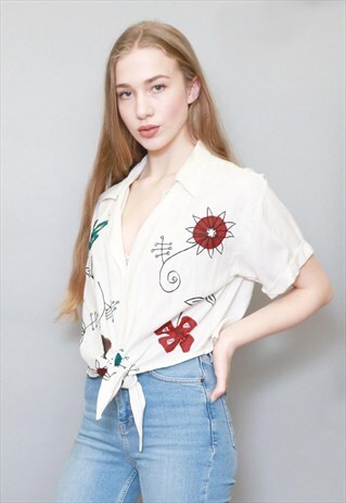 VINTAGE 1970'S WESTERN EMBROIDERED TIE UP CROP SHIRT
