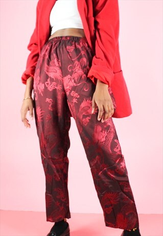 VINTAGE INSPIRED Y2K RED ASIAN DRAGON SHINY PRINT TROUSERS