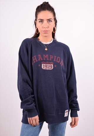 CHAMPION WOMENS VINTAGE SWEATSHIRT JUMPER MEDIUM NAVY BLUE 9