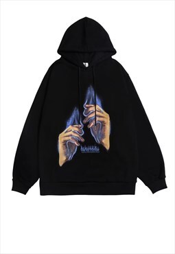 Flame print hoodie inner fleece premium fire pullover black
