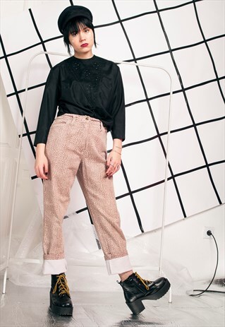 90S VINTAGE MOM JEANS W BROWN DOTTY PRINT