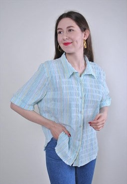 Women vintage blue striped short sleeve holiday blouse 