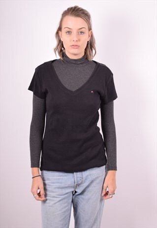 TOMMY HILFIGER WOMENS VINTAGE T-SHIRT TOP MEDIUM BLACK 90'S