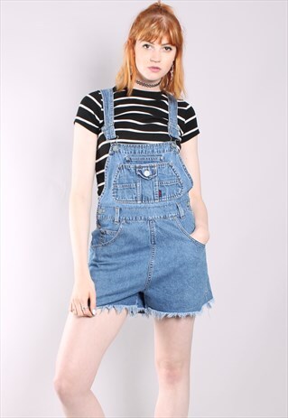 VINTAGE 90S BLUE DENIM CUT OFF DUNGAREE SHORTS