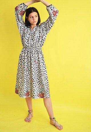 VINTAGE 80'S RETRO FLORAL PRINT ELEGANT MIDI DRESS