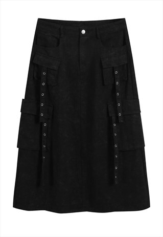 SKATER DENIM SKIRT UTILITY RAVER MAXI JEAN SKIRT IN BLACK