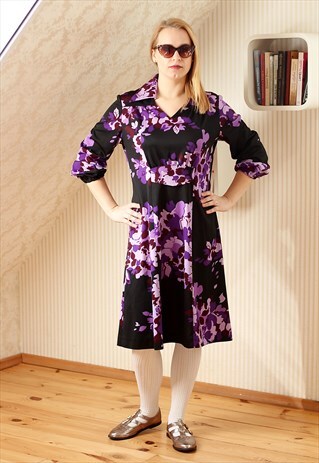 BLACK PURPLE FLOWERS VINTAGE DRESS