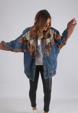 VINTAGE DENIM BOMBER JACKET OVERSIZED PATTERNED LONG (7BA)