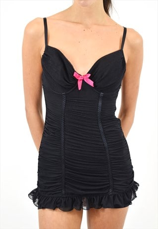 VINTAGE Y2K RUCHED MINI DRESS IN BLACK MESH, BOW DETAIL