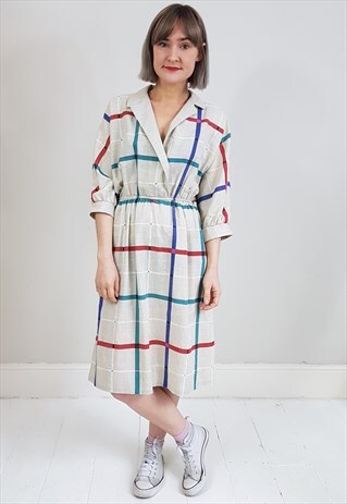 VINTAGE 80'S BEIGE PRIMARY STRIPE CROSSOVER DRESS