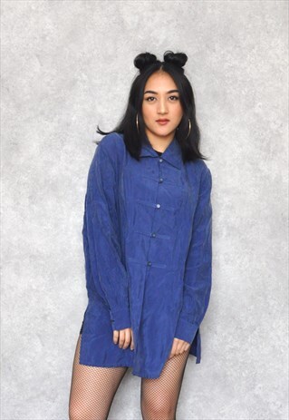 VINTAGE 1990S SILK INDIGO BLUE CHINESE TUNIC SHIRT