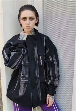 Tie-dye denim jacket cargo pocket graffiti print jean coat