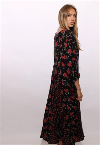 VINTAGE 1990'S 90'S RED ROSES PRINT BLACK GAUZE DRESS M-L